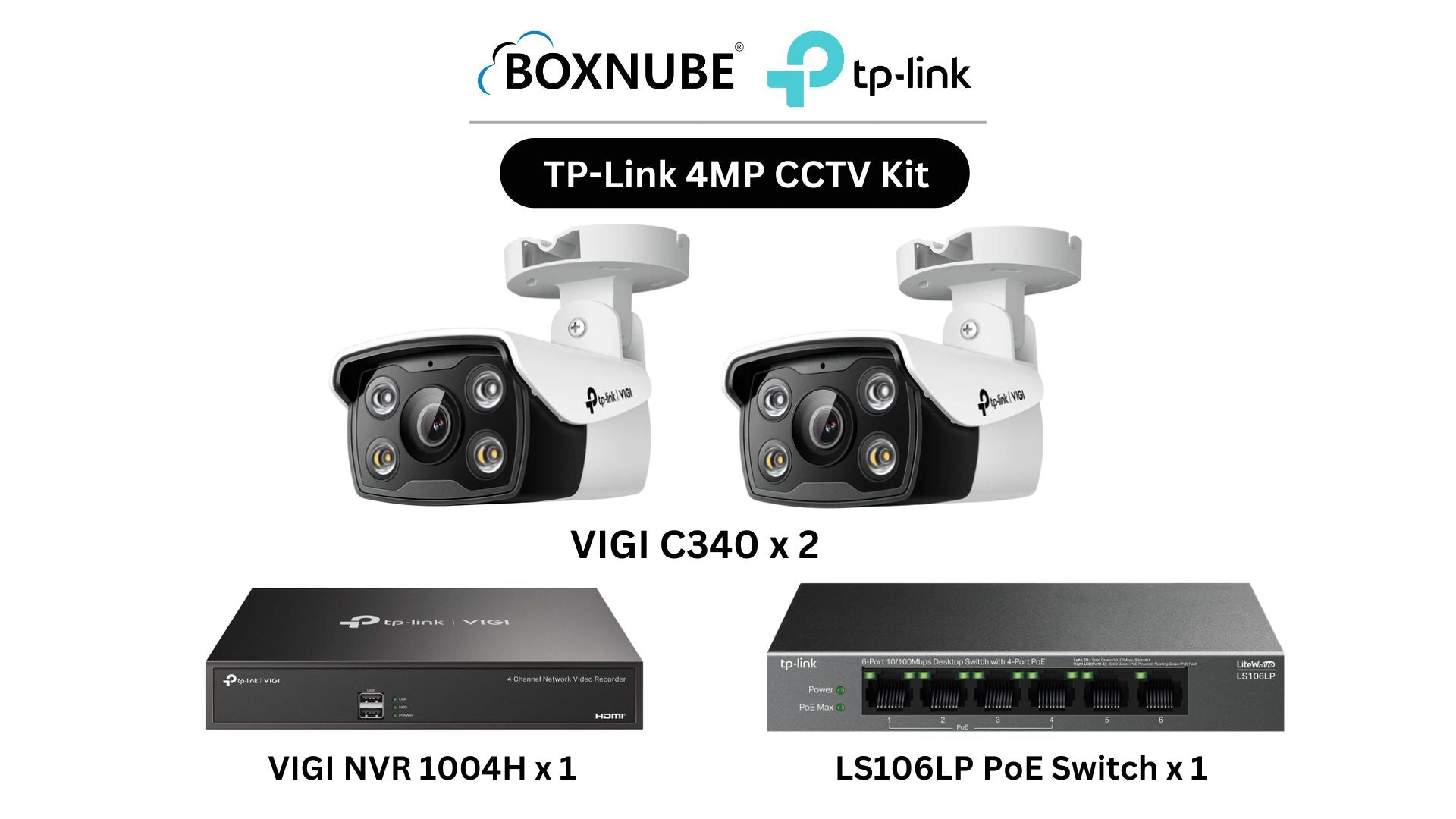 TP-Link VIGI 4MP Full HD 2 Camera Kit Bundle | 2 x VIGI C340, 1 x 4 Channel NVR, 1 x 4+2 Port PoE Switch | Ideal for homes, shops & small offices TP-Link VIGI 4MP Full HD 2 Camera Kit Bundle | 2 x VIGI C340, 1 x 4 Channel NVR, 1 x 4+2 Port PoE Switch | Ideal for homes, shops & small offices